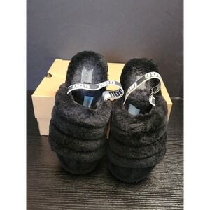 UGG Fluff Yeah Slide Black Women's Size 7 Sandal Slipper Shoes Logo Strap in Box